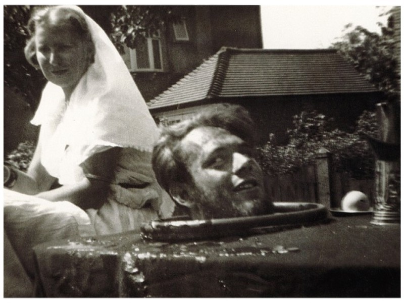 Photo from the New Malden carnival in 1958 featuring a member of King's Own in the part of John the Baptist's head on a platter