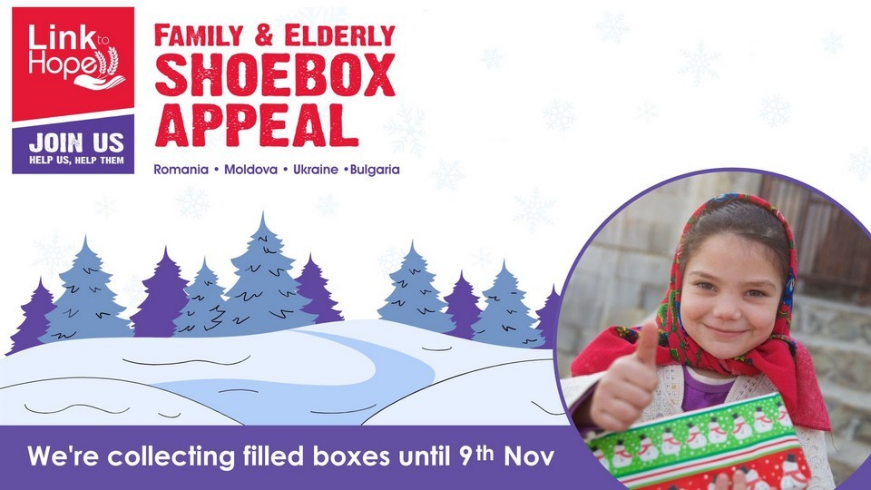 Link to Hope Family and Elderly Shoebox Appeal 2025 - Romania - Moldova - Bulgaria - Ukraine. We're collecting boxes until November 9th. A picture of a snowy landscape and forest in the background, in the corner a photo of a smiling child holding a Link To Hope shoebox and giving a thumbs-up sign