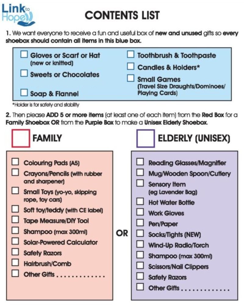 Link to Hope Family and Elderly Shoebox Appeal 2025 - Romania - Moldova - Bulgaria - Ukraine. Contents List.