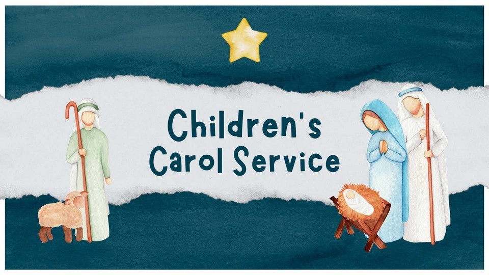 Children's Carol Service, Sunday 21st December at 9:30am - to the right a picture of Mary and Joseph looking down at Jesus in a manger, to the left a shepherd with a crook and lamb