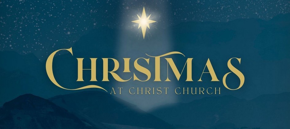 Christmas at Christ Church - golden lettering against a midnight background which on closer inspection reveals a mountainous landscape and a starry sky; in the centre a single star shines brightly.