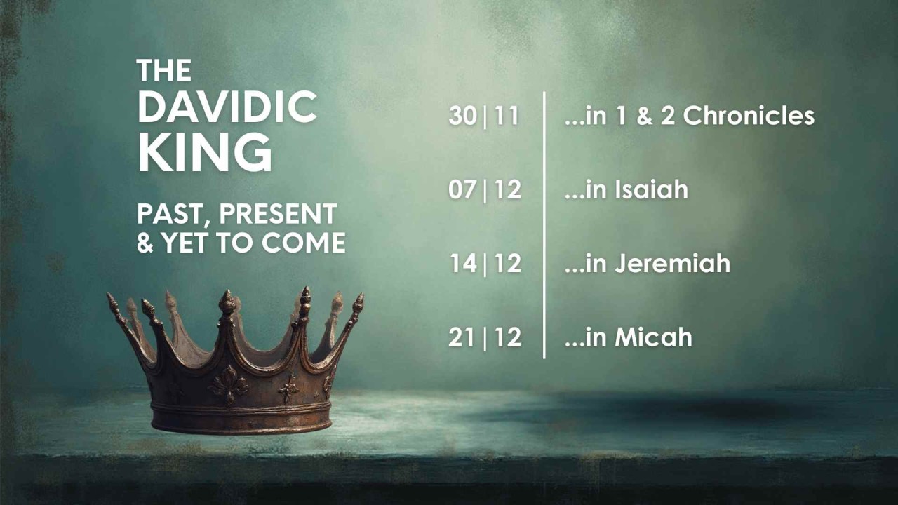 The Davidic King - Past, present and yet to come. An ancient 10-pronged gold or bronze crown is pictured bathed in a moderate warm-neutral coloured light with a dominant green hue and emerald undertones. 