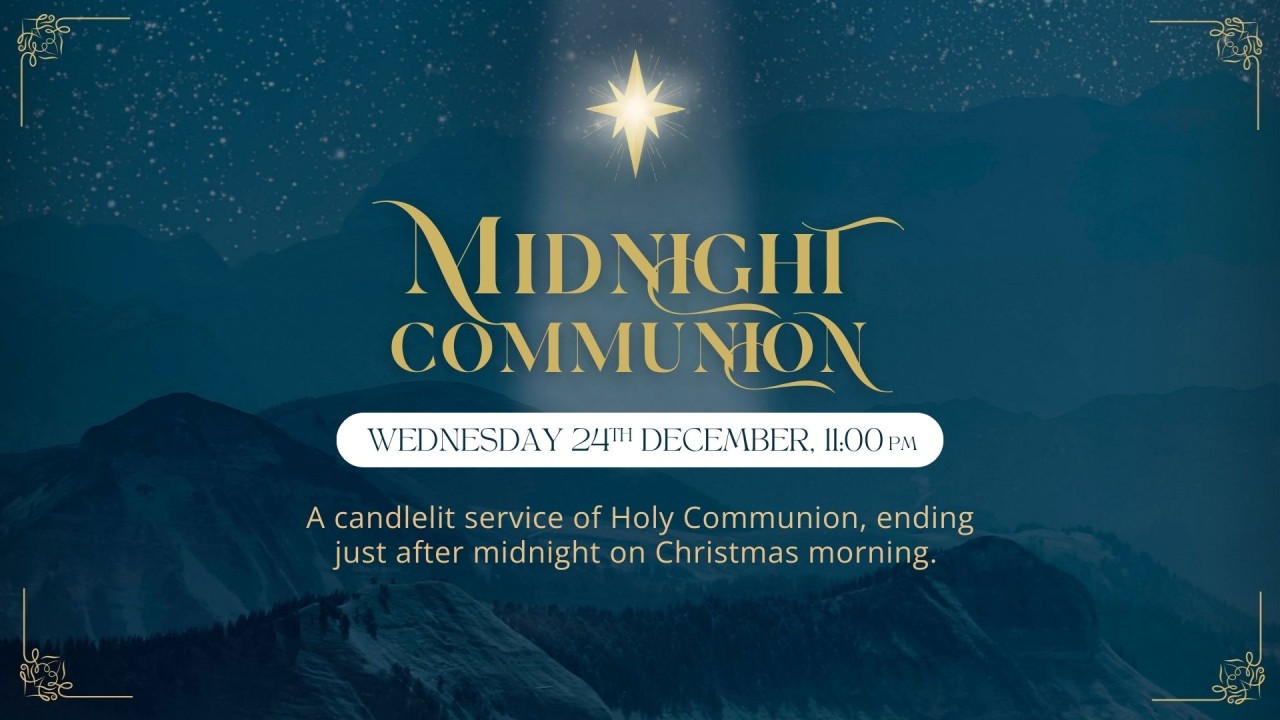 Midnight Communion - golden lettering against a midnight background which on closer inspection reveals a mountainous landscape and a starry sky; in the centre a single star shines brightly.